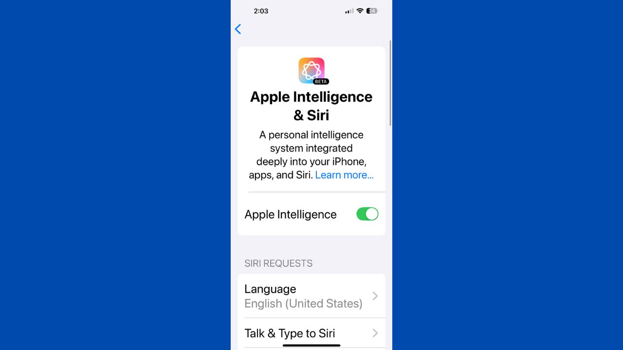 Image of Apple Intelligence toggle on iPhone in iOS 18.1 