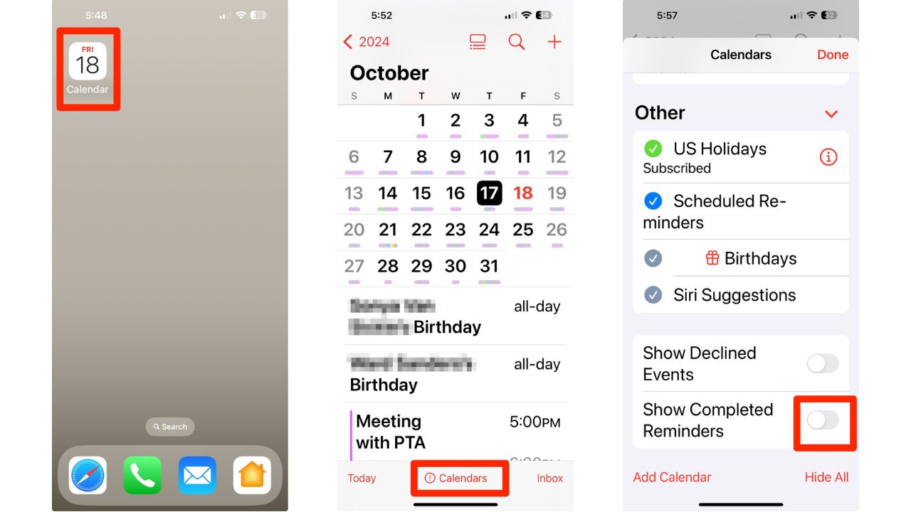 Steps to integrate Reminders in the Calendar app in iOS 18