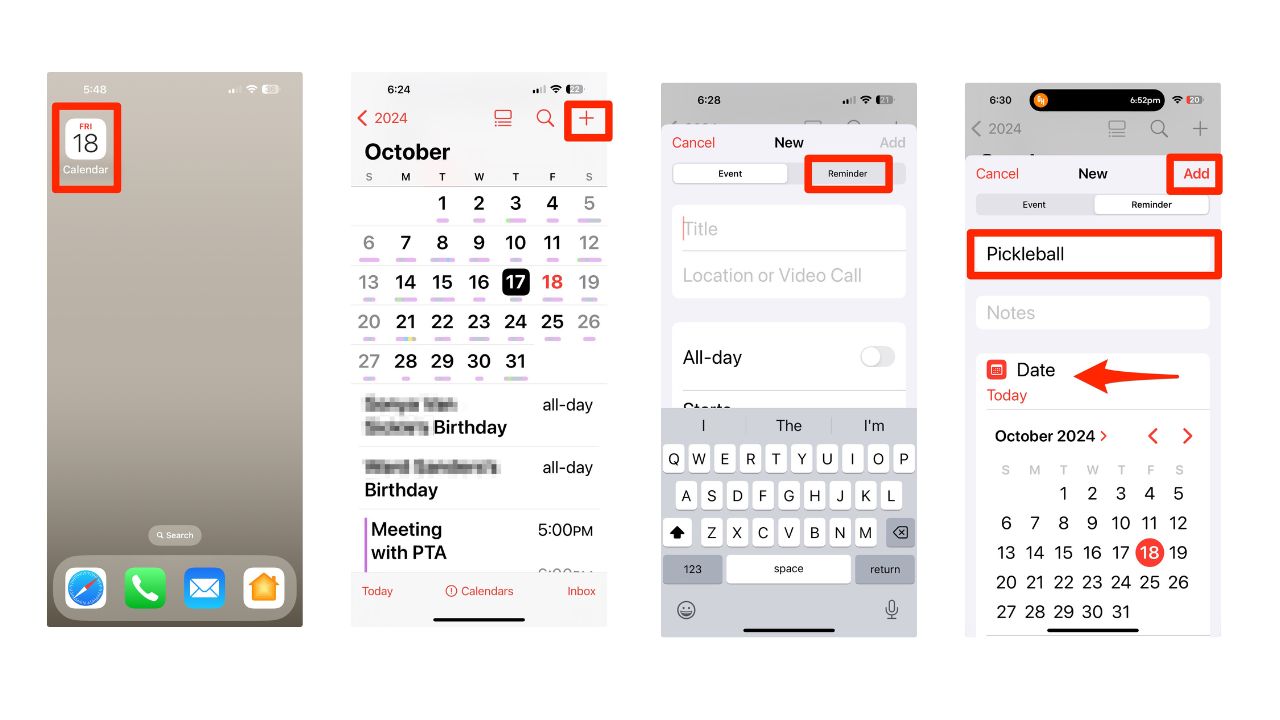 Steps to Create a reminder in Calendar app in iOS 18 