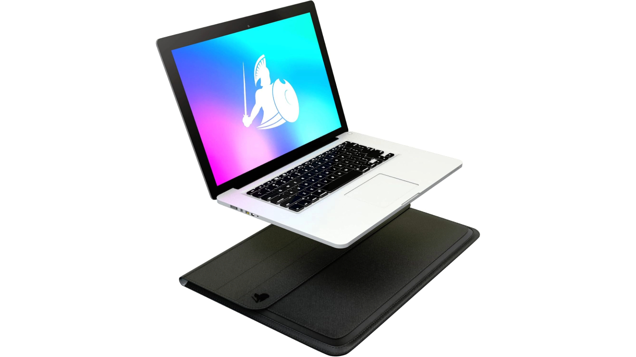 A marketing photo of the DefenderShield EMF blocker laptop case on a white background.