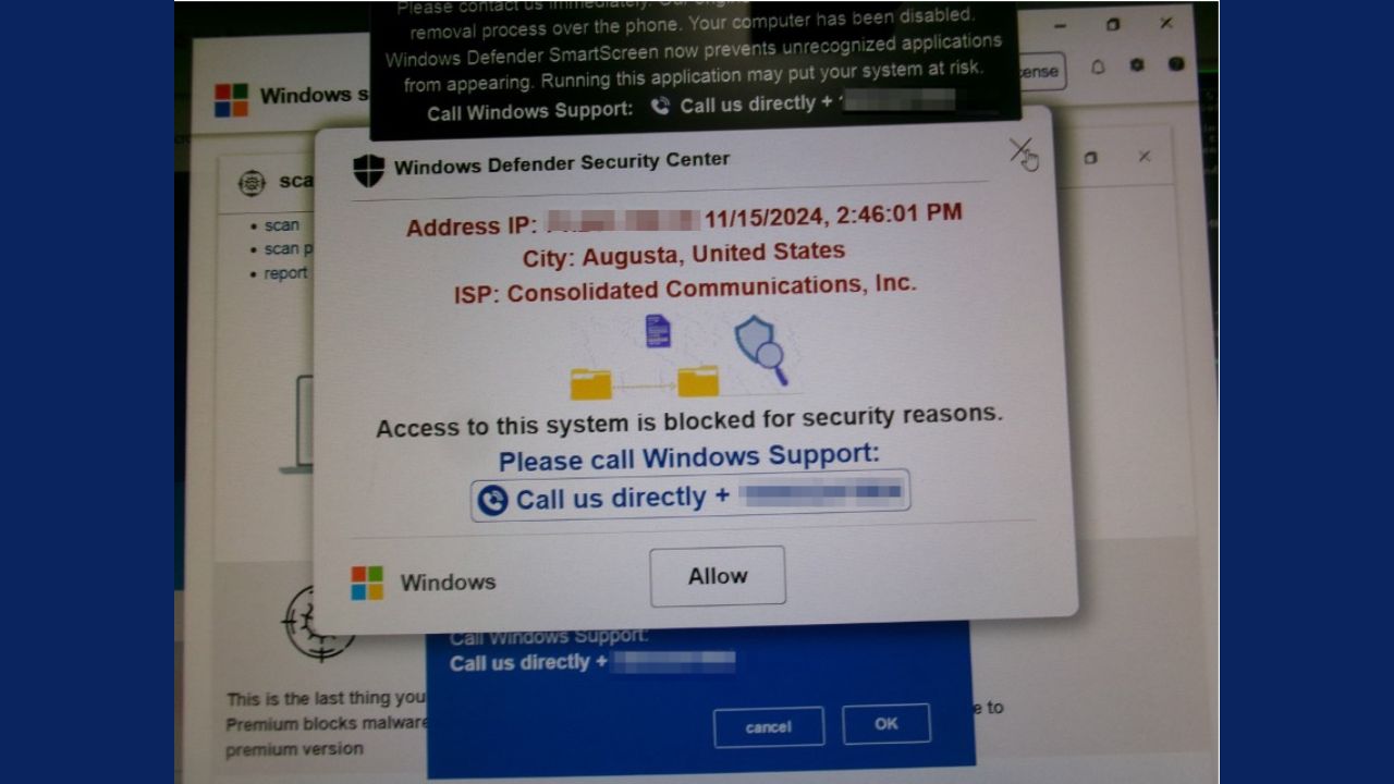 Windows Defender Security Center scam pop up 