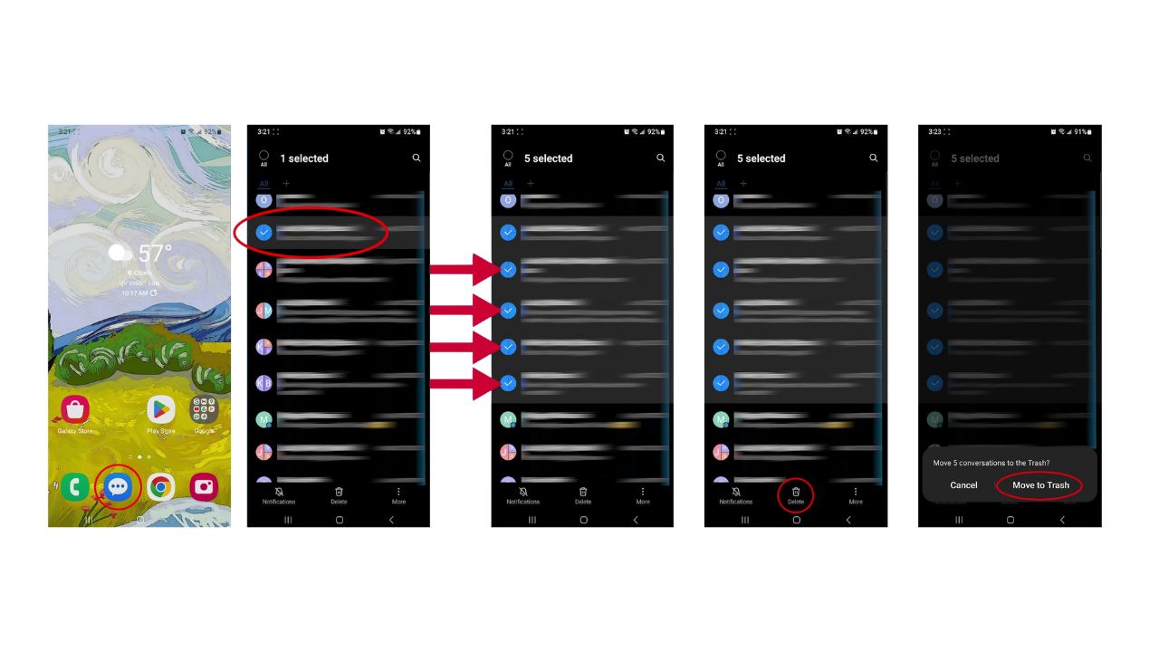 Steps to to bulk delete messages on Android