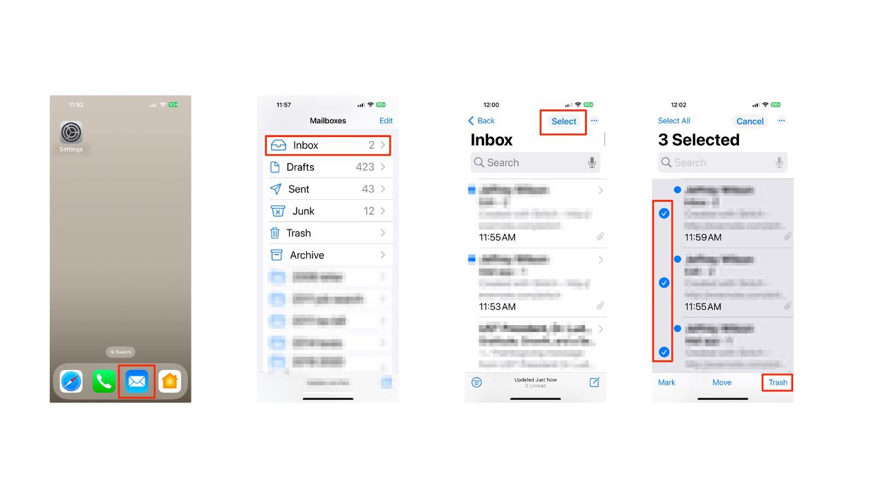 Steps to delete multiple emails on iPhone 