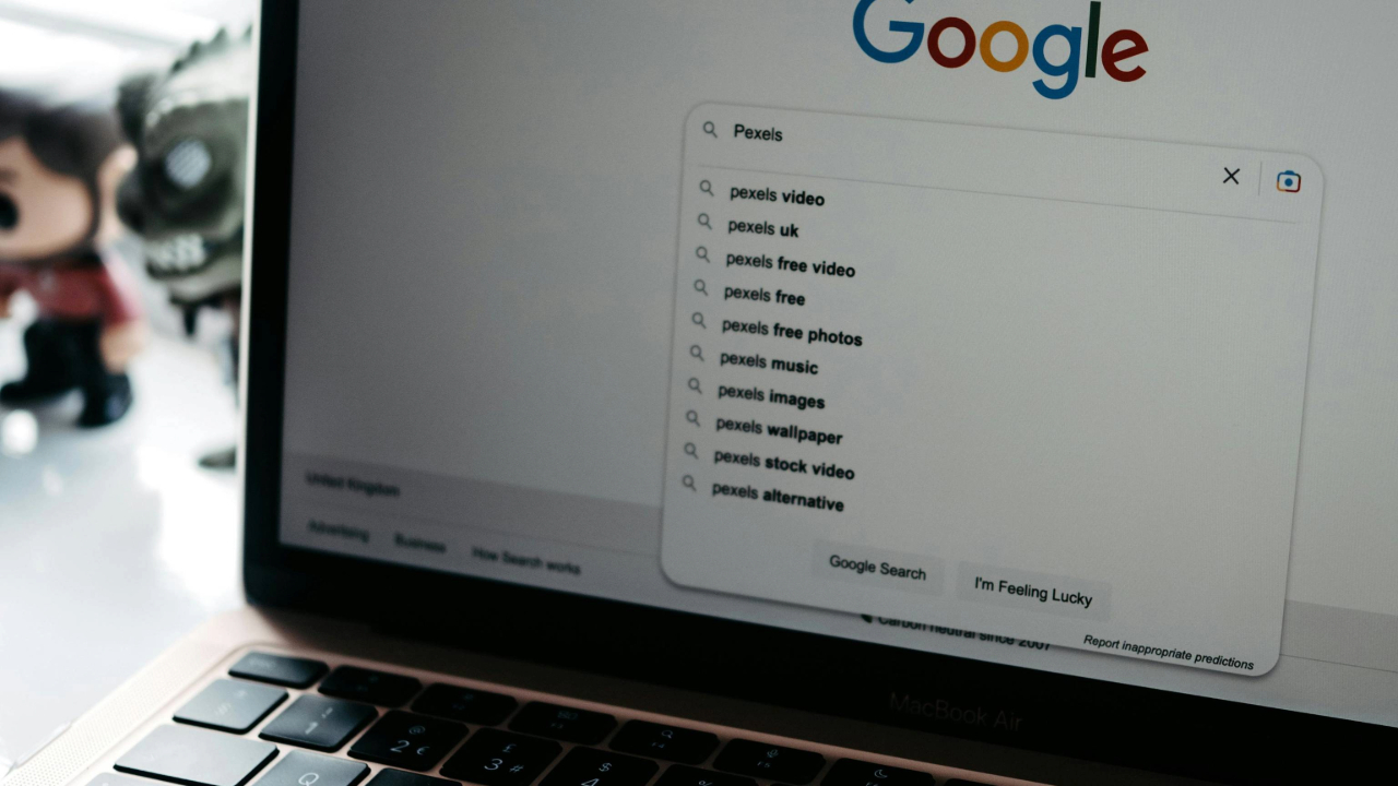 A stock photo showing the Google Search results on a laptop.