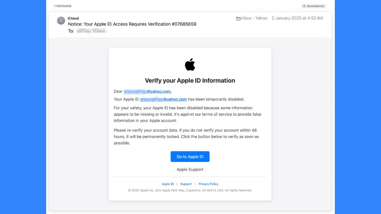 Apple ID scam email 