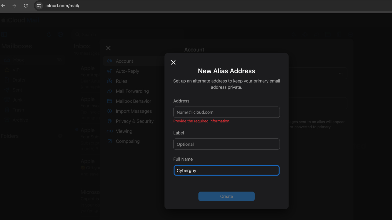 Adding alias in iCloud