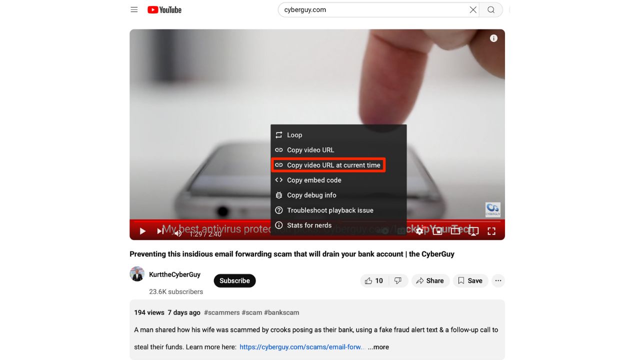 Steps to share an exact moment on YouTube using your computer 