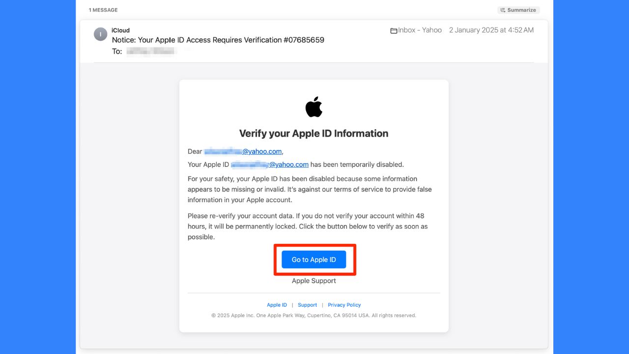 Apple ID scam email 