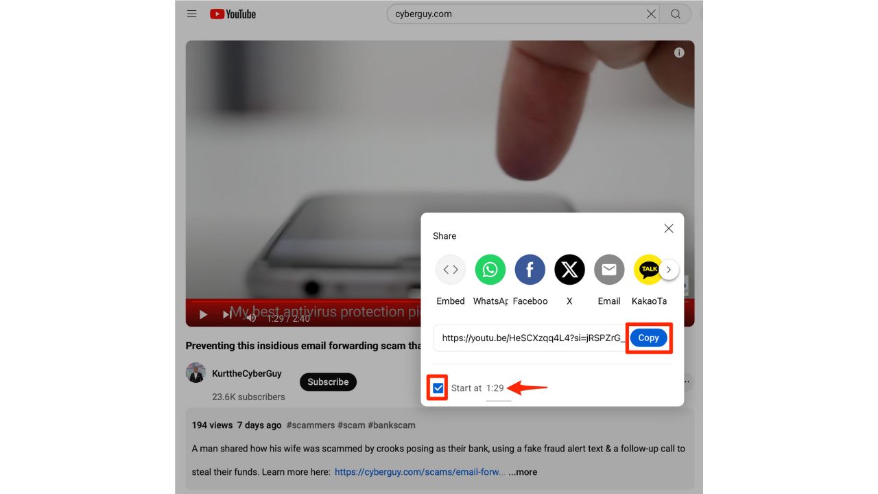 Steps to share an exact moment on YouTube using your computer 