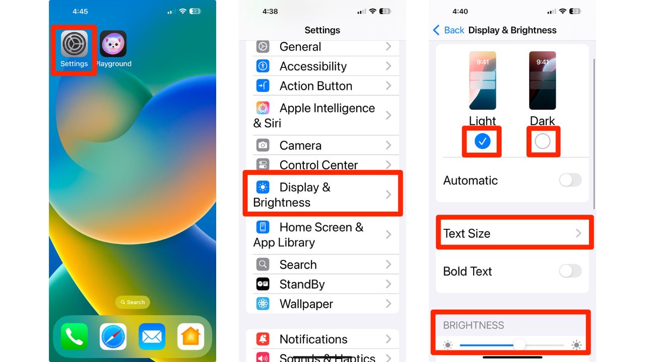 Steps to adjust display and brightness 