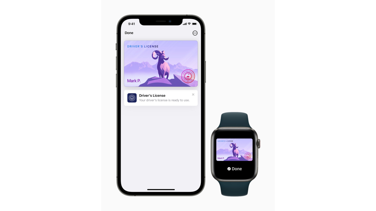 A press release photo showing the Apple Wallet on both iPhone and Apple Watch with the Digital ID feature displayed.