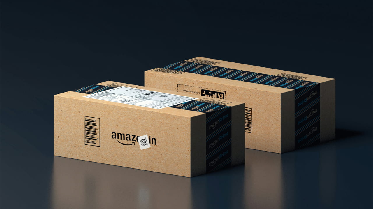 Amazon packages in a dark room