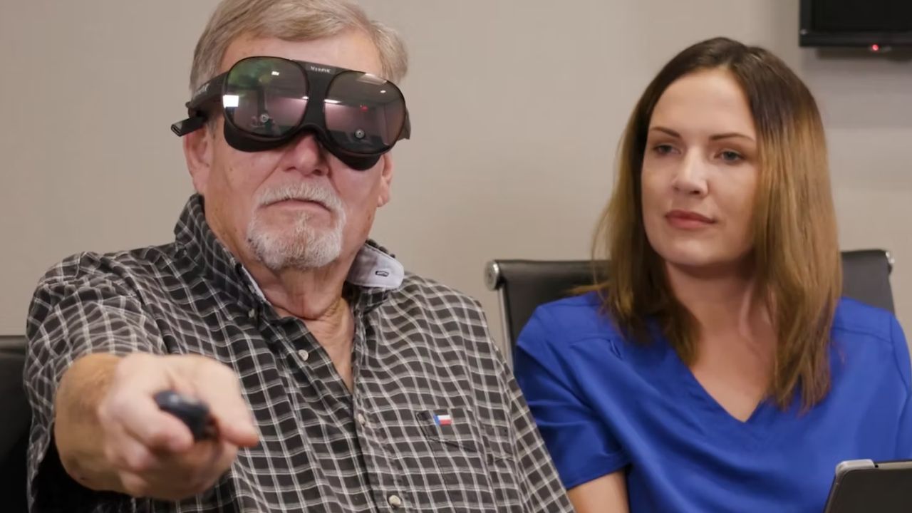 A senior wearing VR goggles 