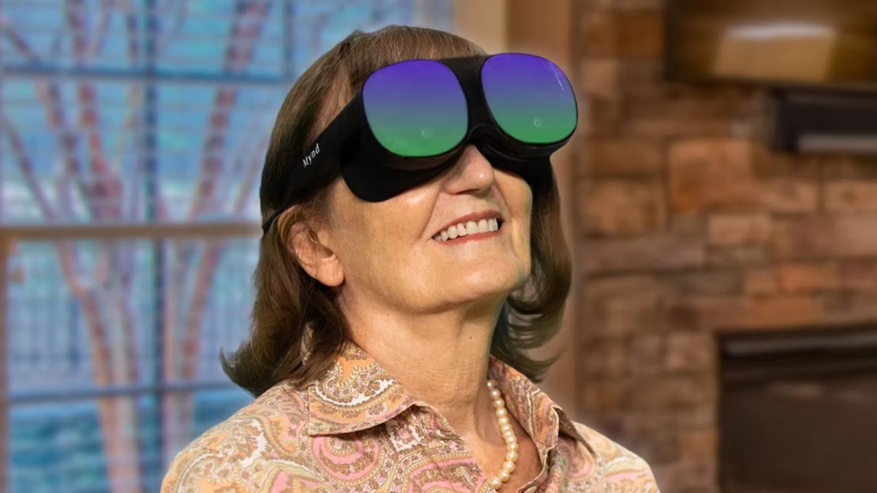 A senior wearing VR goggles 