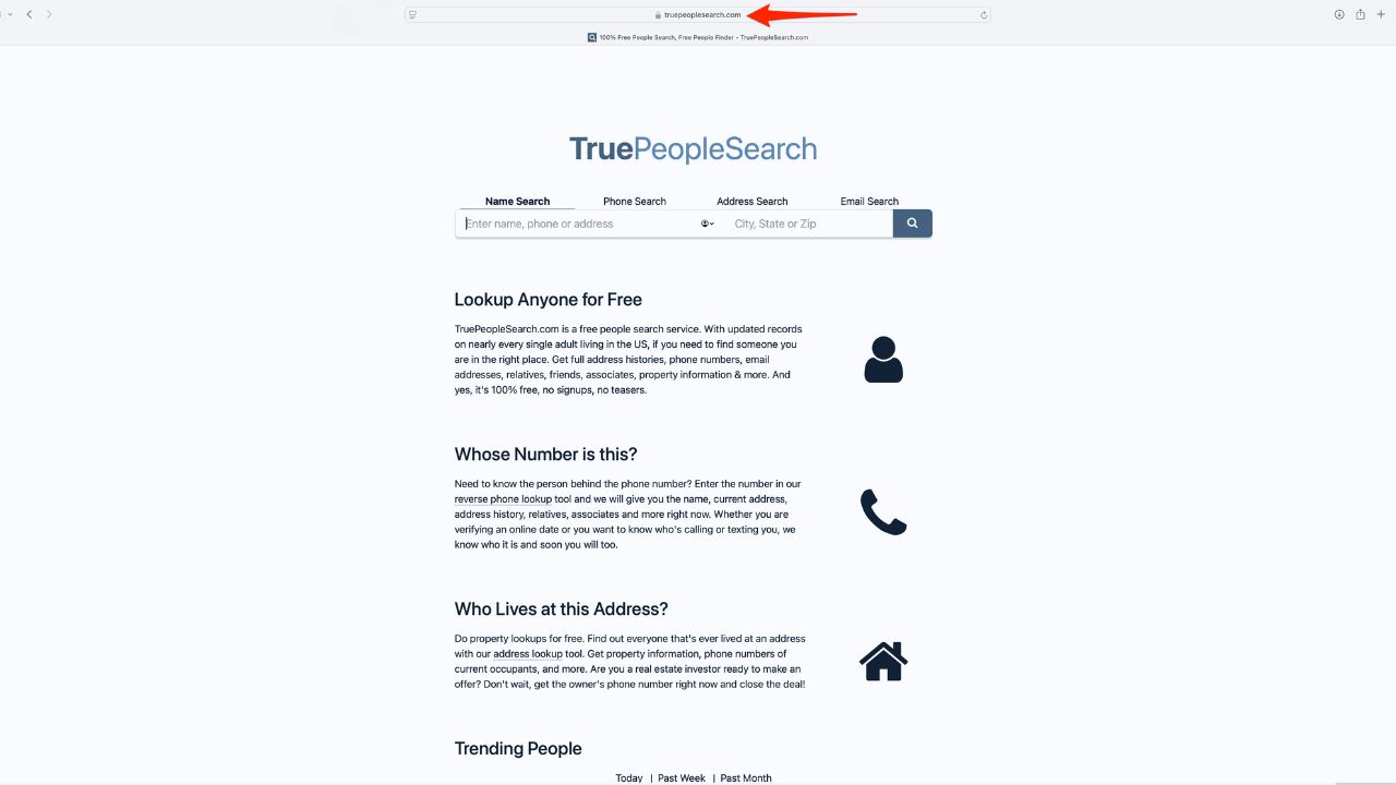 A red arrow pointing to the website TruePeopleSearch.com 