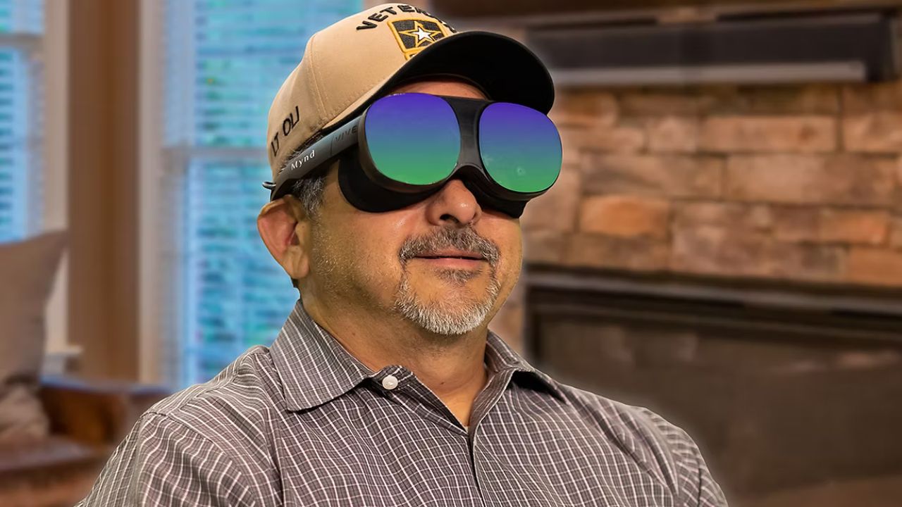 A senior wearing VR goggles 