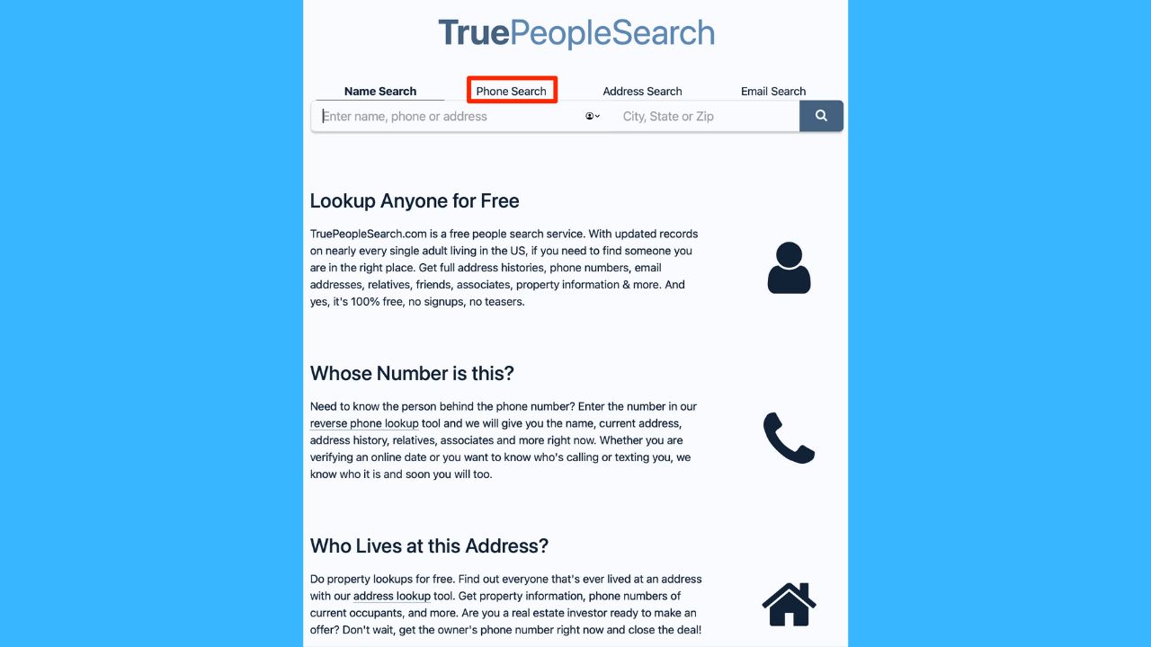 Outline of "Phone Search" on TruePeopleSearch.com website 