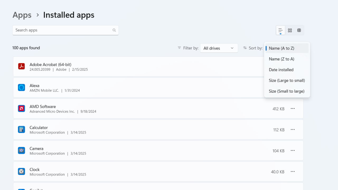 Installed apps in Windows