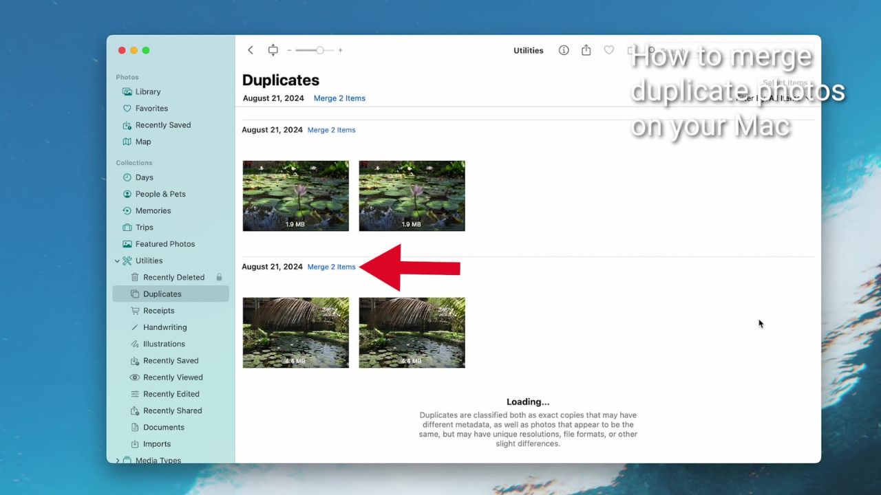 Steps to use the built-in Duplicates finder in the Photos App