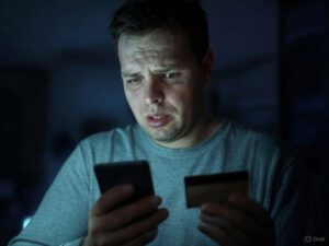 A person holding a phone and a bank card