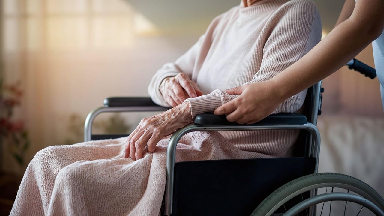 A woman in a wheelchair in a nursing home 