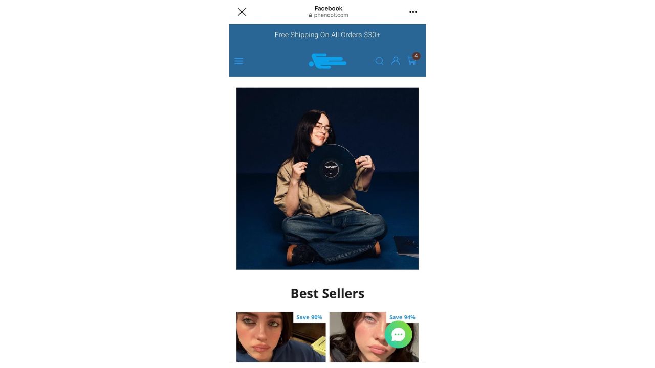 Screenshot of a Facebook ad showing Billie Eilish holding a record, used without permission to promote a shopping website.