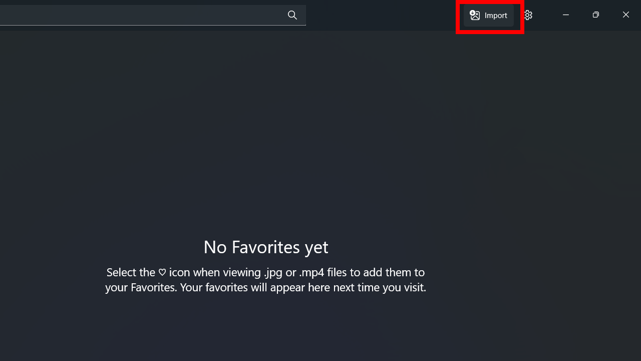 The “Import” button in the Photos app on Windows.