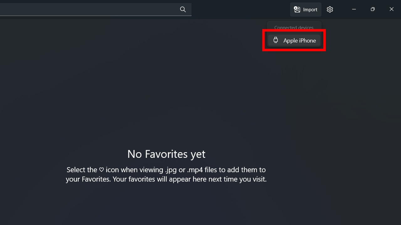 Selecting “Apple iPhone” when importing in the Photos app on Windows.