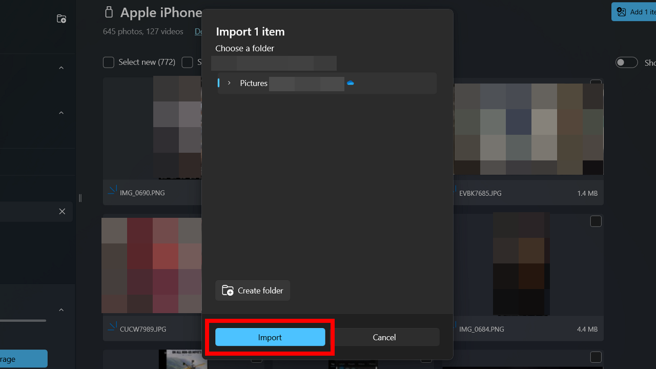 The “Import” button in the Photos app on Windows.