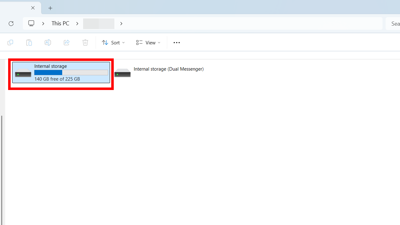 Selecting “Internal storage” in This PC on Windows.