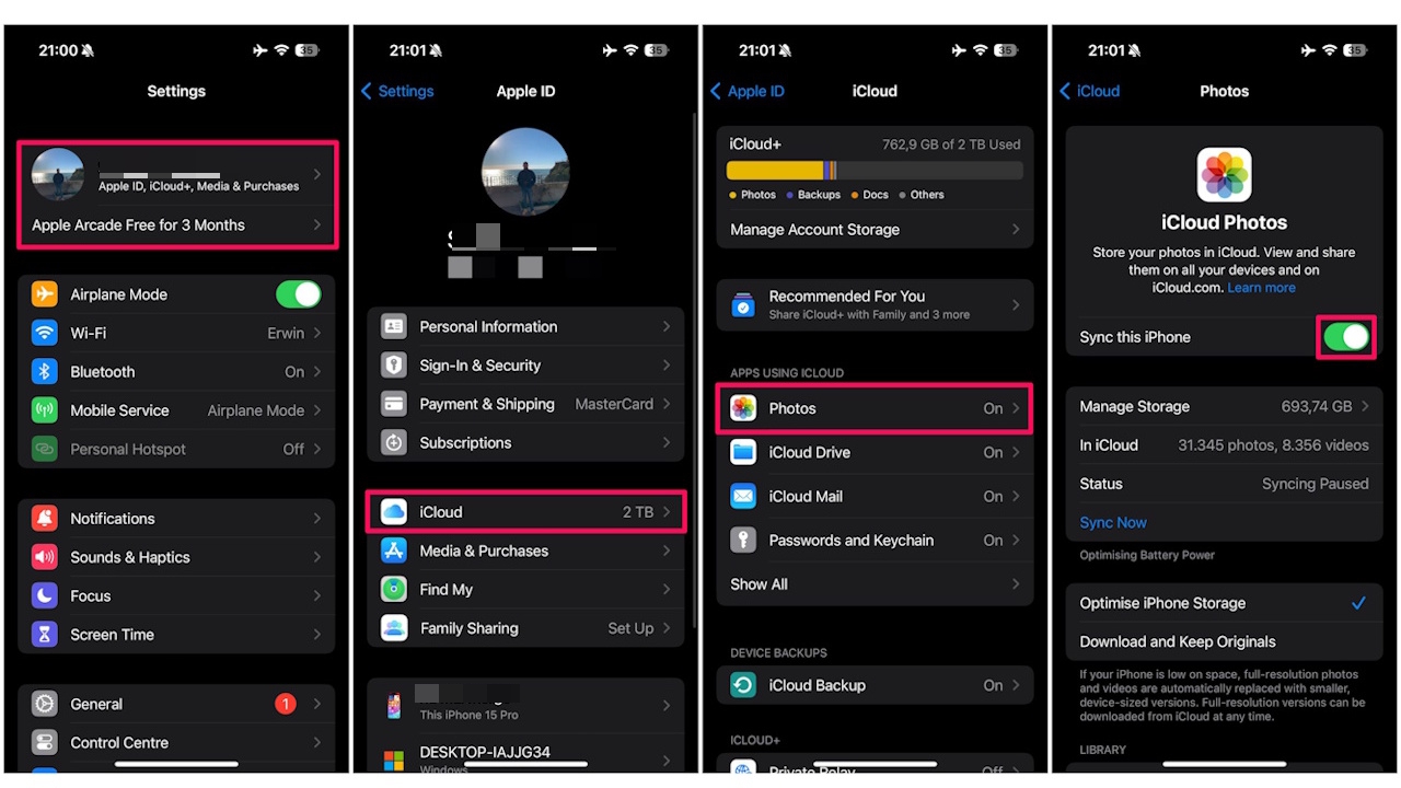 Steps to turn on iCloud photos on iPhone.