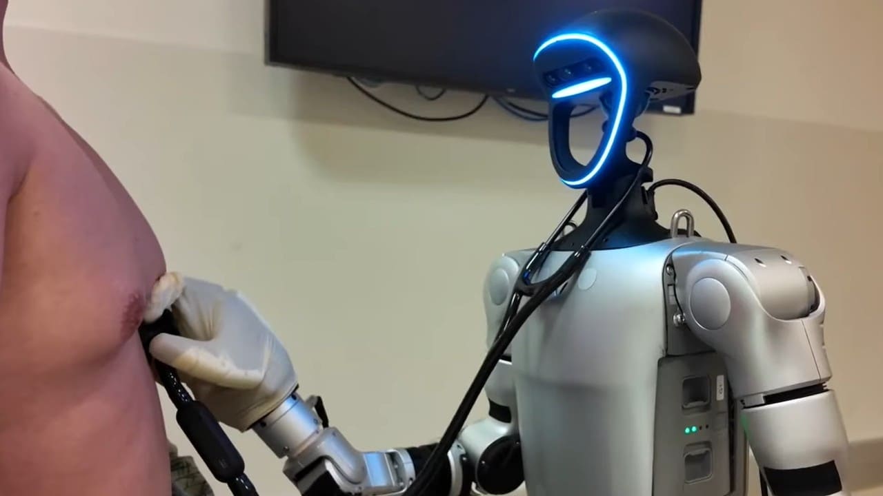 The Unitree G1 humanoid robot performing a physical exam