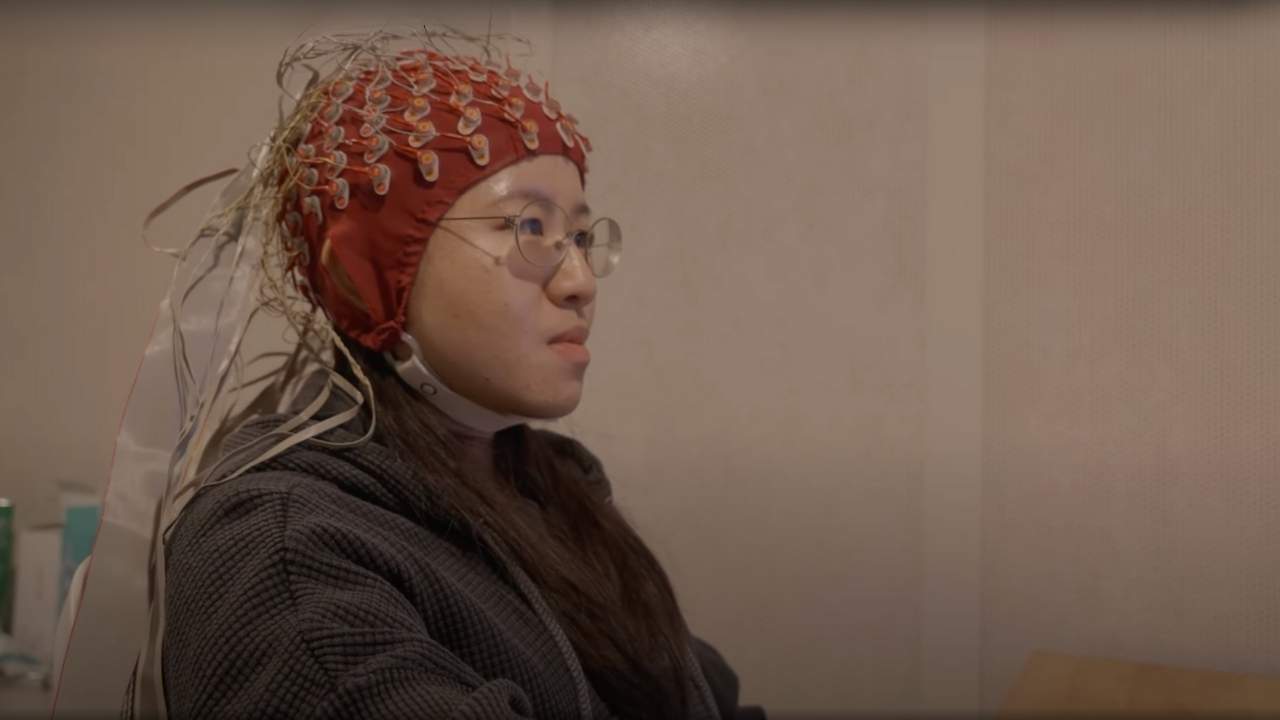 A woman wearing non-invasive brain technology