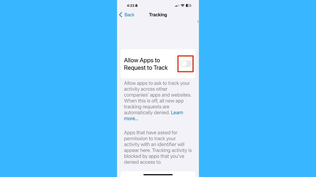 “Allow Apps to Request to Track" toggle on iPhone 