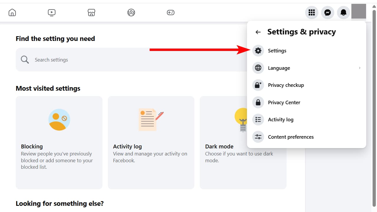 Navigating to the “Settings” page on Facebook