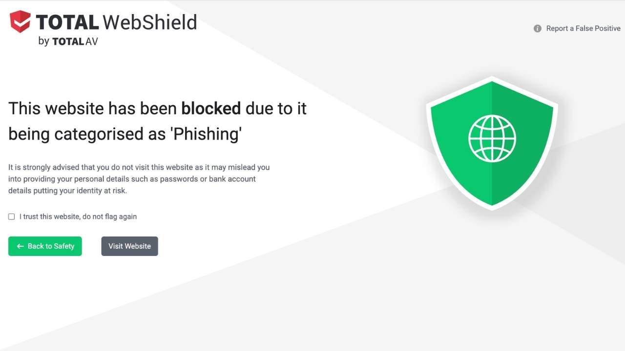 Total WebShield by TotalAV showing that the website has been blocked due to it being categorized as “Phishing.” 