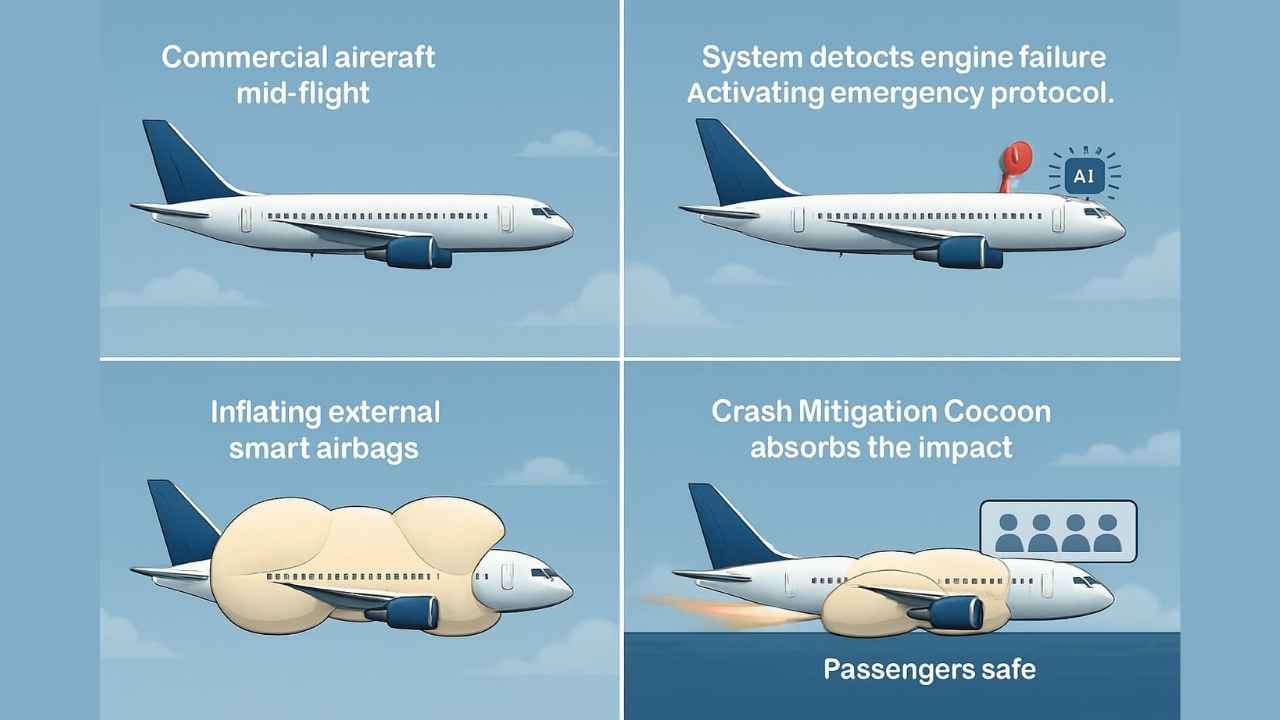 Illustration of an AI-powered aircraft safety system with giant external airbags