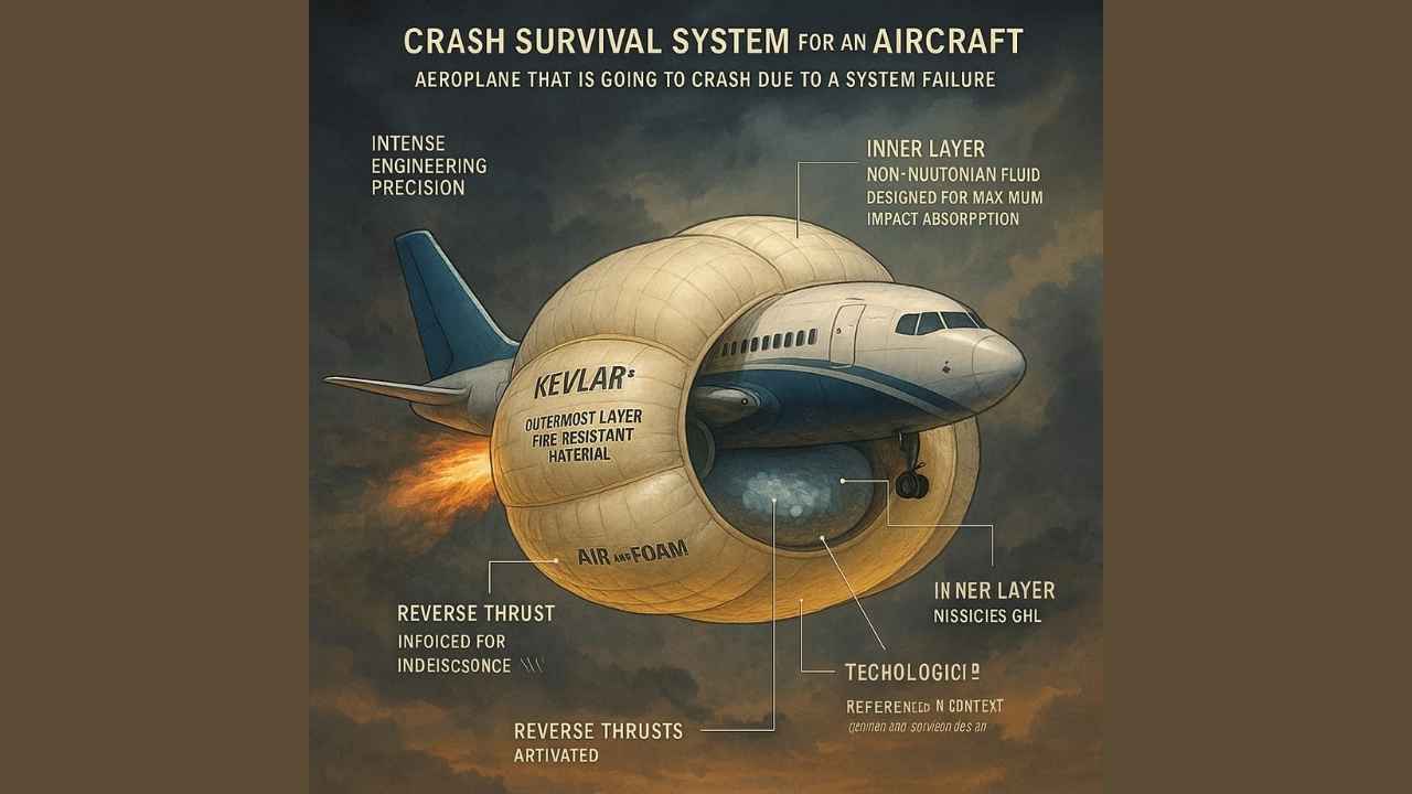 Illustration of an AI-powered aircraft safety system with giant external airbags