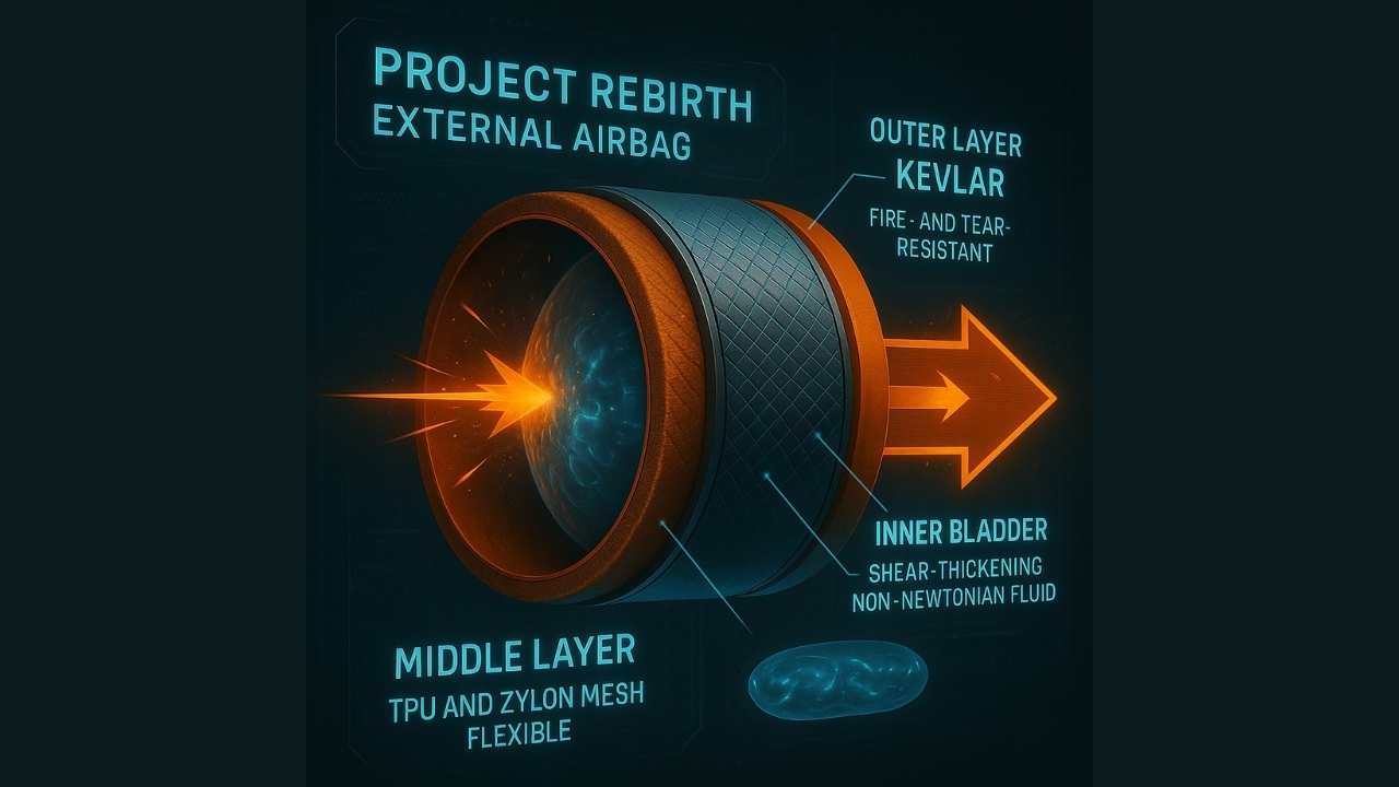 Illustration of an AI-powered aircraft safety system with giant external airbags