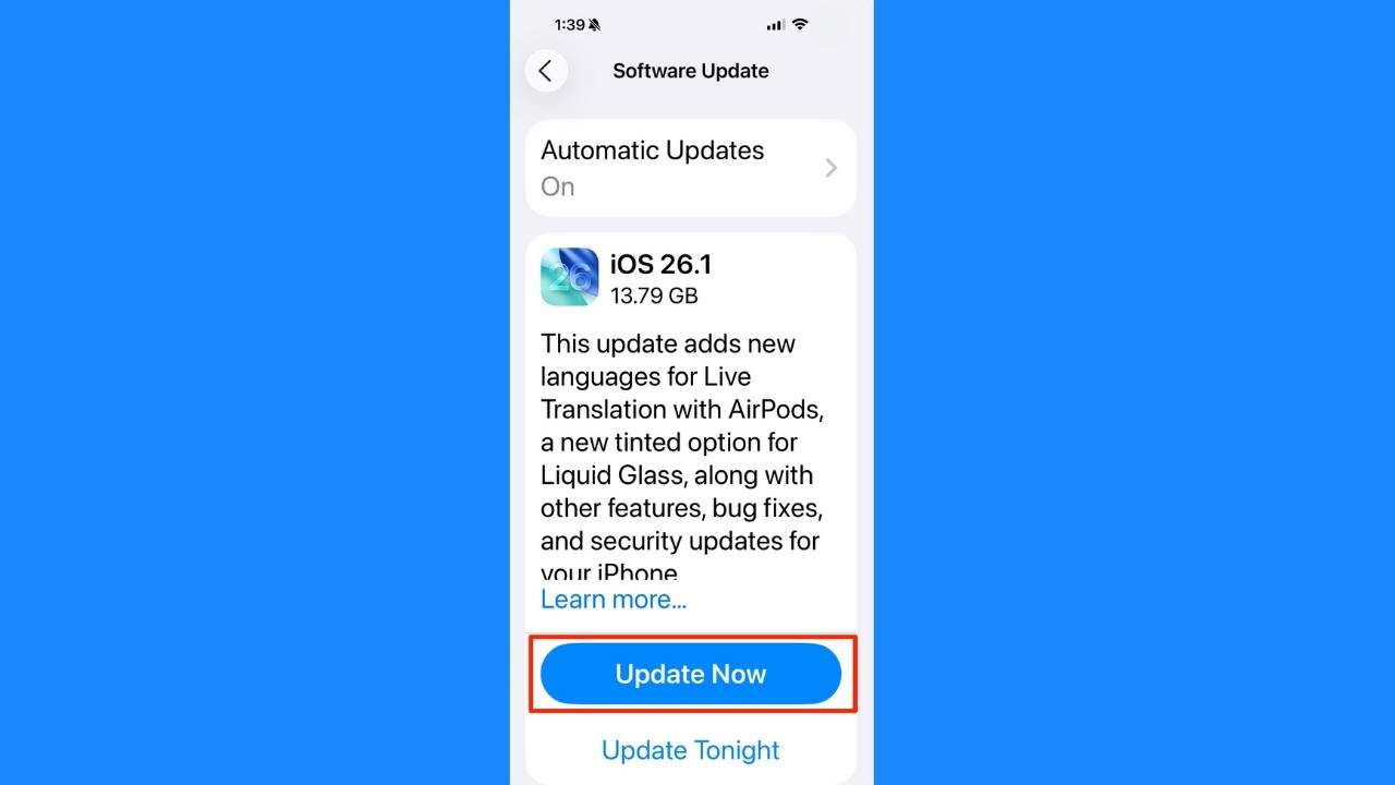 Step to update to iOS 26.1 on iPhone
