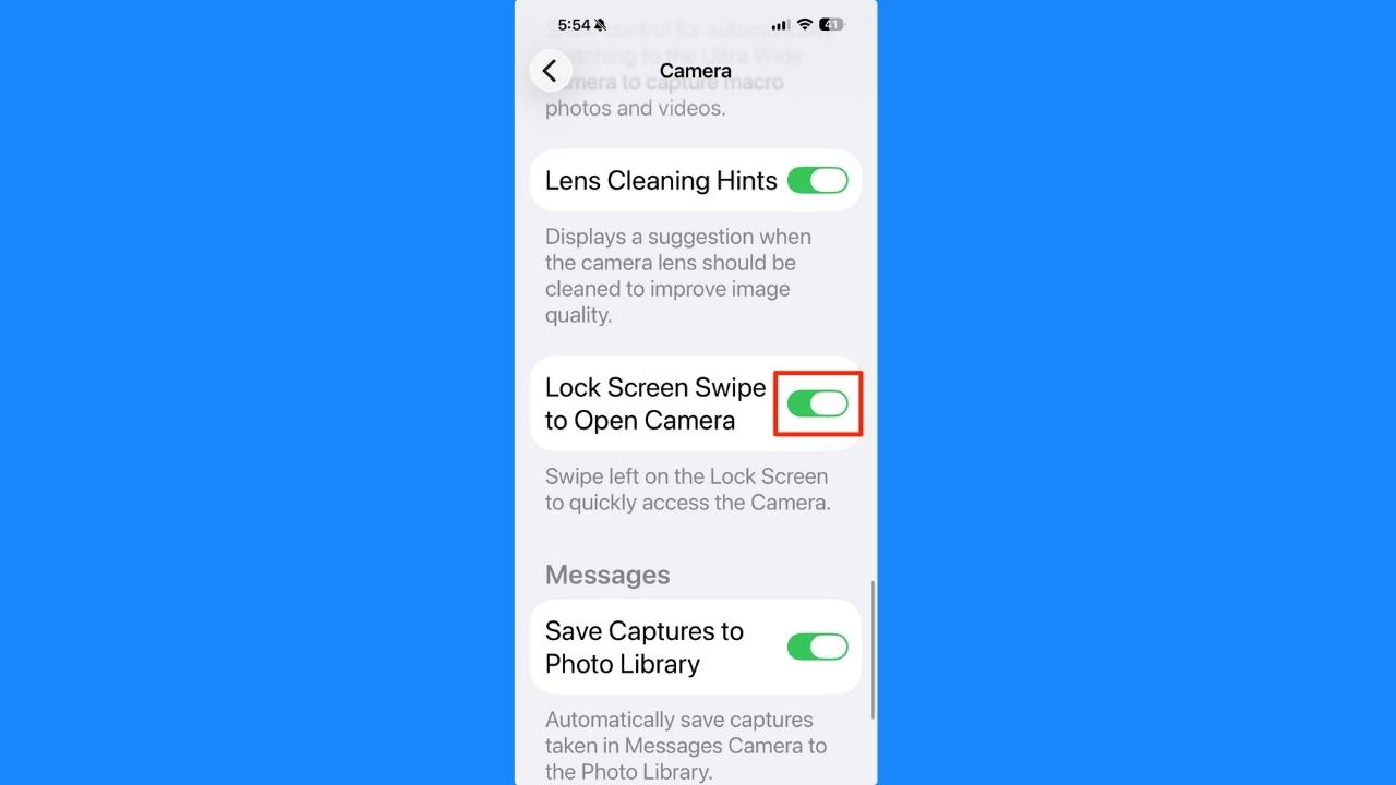 "Lock Screen Swipe to Open Camera" toggle