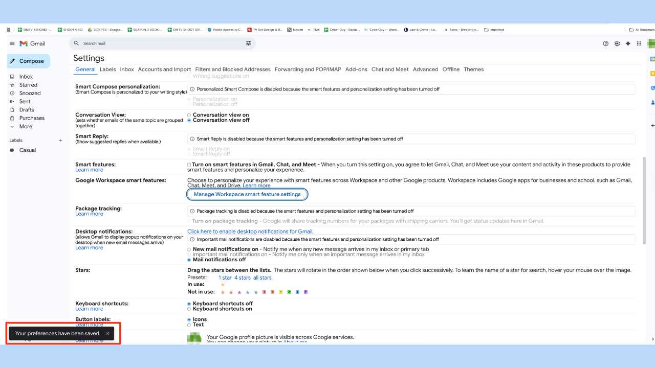 Notification that Google has stopped AI from scanning your Gmail