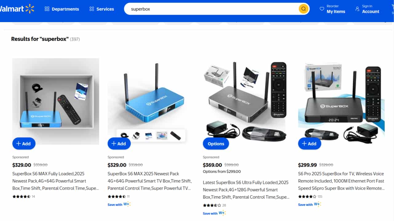 Superbox media streaming boxes for sale on Walmart.com.