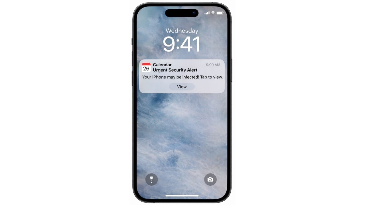 A fake calendar alert appears like a normal notification, warning your iPhone is infected and urging you to tap.