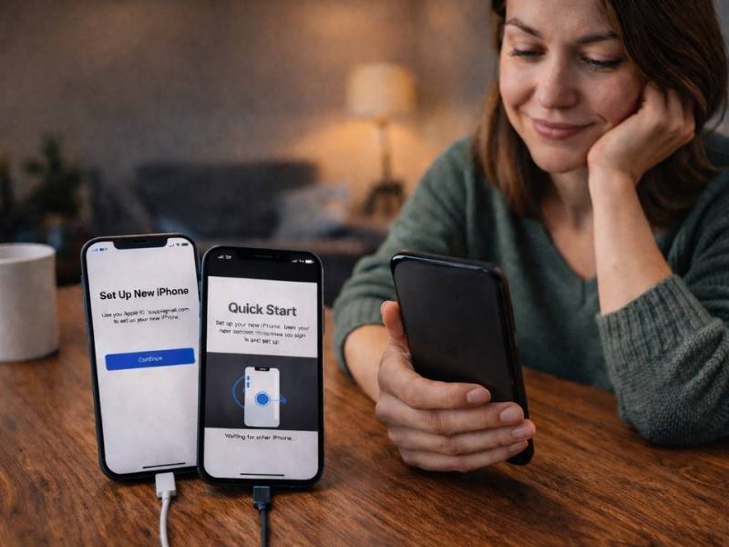 Illustration of a woman transfering data to a new iPhone or Android