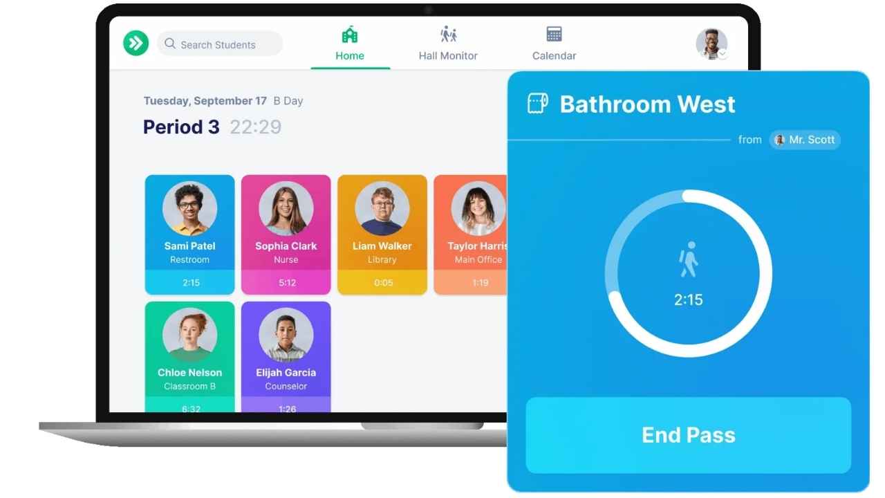 A SmartPass dashboard shows real-time tracking of students, including where they go and how long they are out of class.