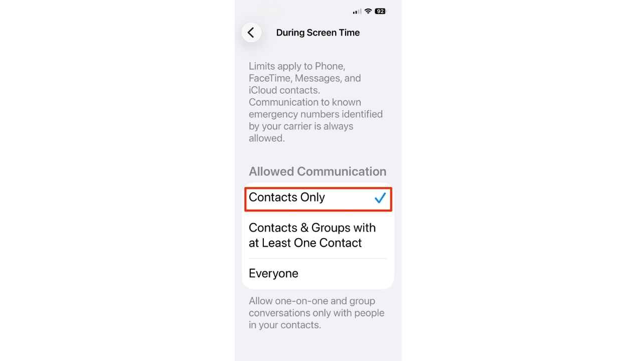 On iPhone, Communication Limits can help restrict who can reach your parent through Phone, FaceTime and Messages.