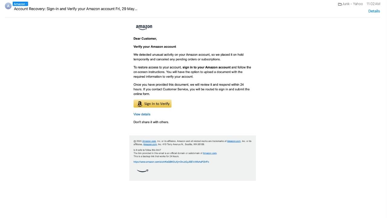 A fake Amazon email claims there is unusual activity on the account and pushes the recipient to sign in.