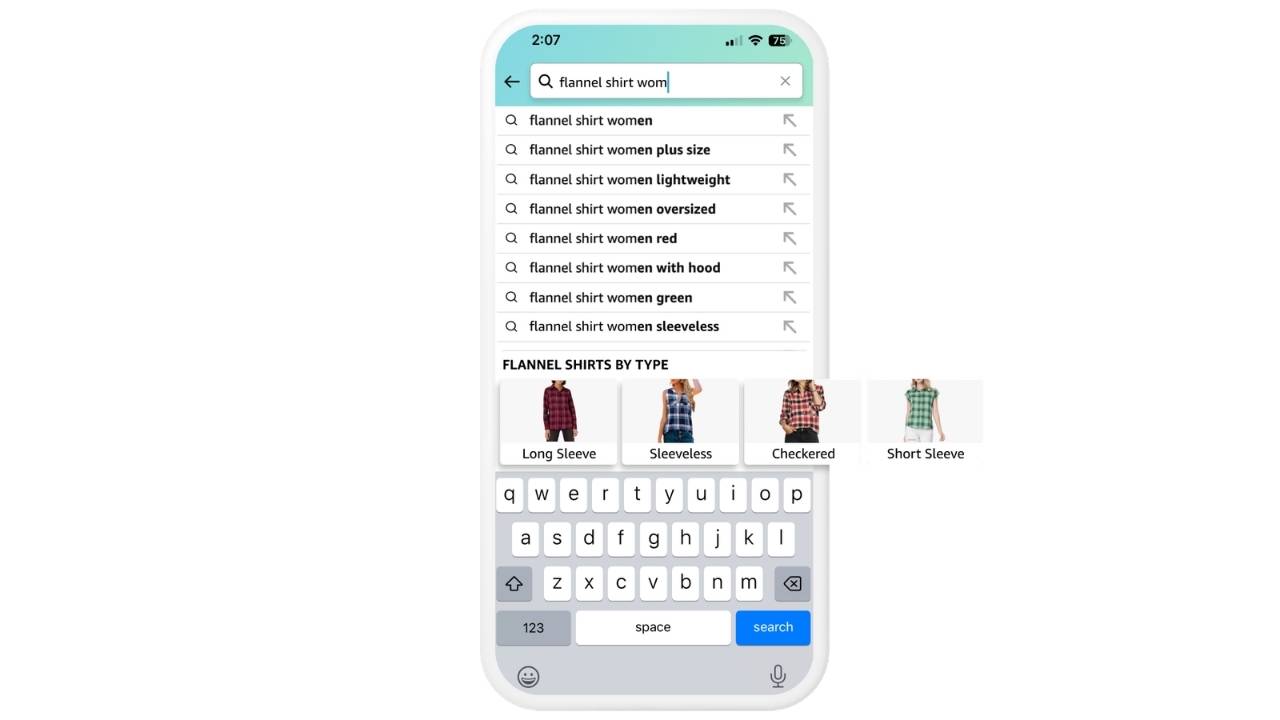 Amazonβs visual suggestions help shoppers narrow broad searches, such as flannel shirts, by showing style-based image filters as they type.