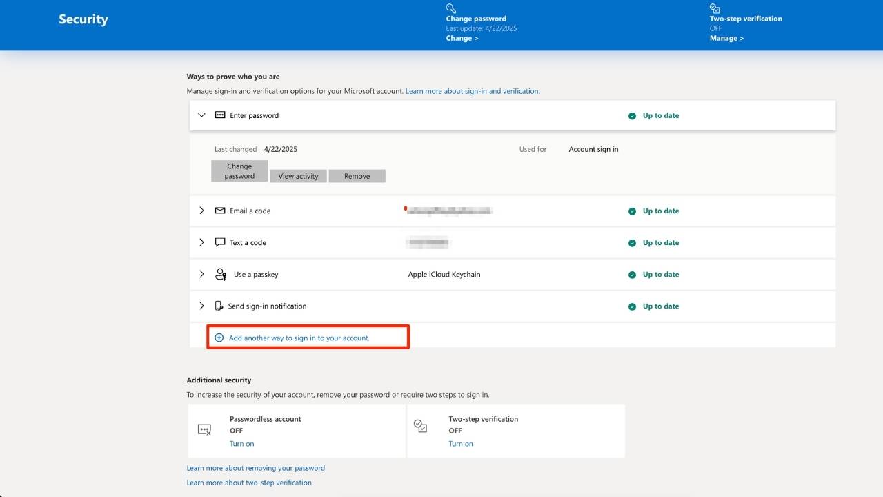 In the Microsoft account dashboard, users may see Add another way to sign in to your account when adding a passkey or another sign-in method.